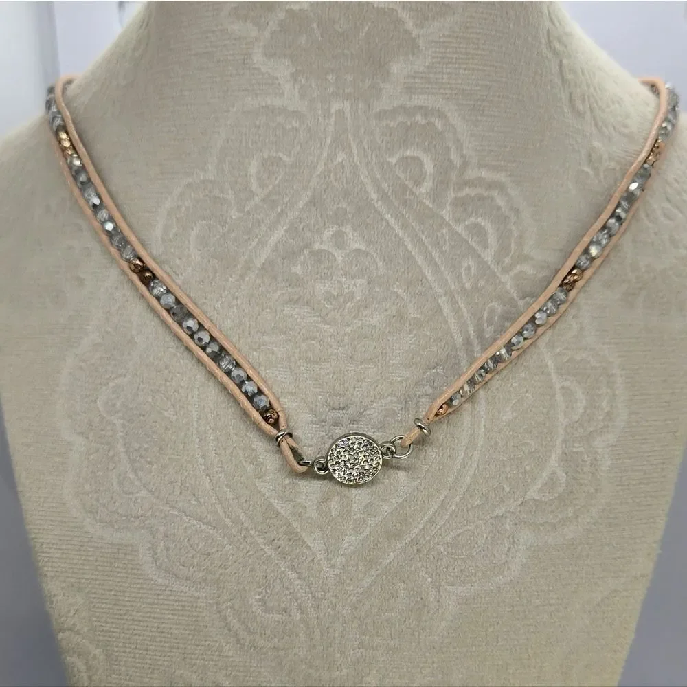 Pave Crystal Beaded Pink Leather Necklace Wrap Bracelet | Chan Luu Style Boho